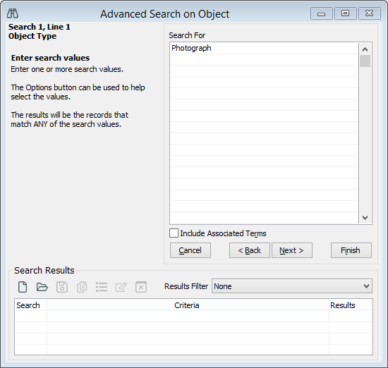 After selecting the Object Type field, the term Photograph is being searched for. After selecting the Object Type field, the term Photograph is being searched for.