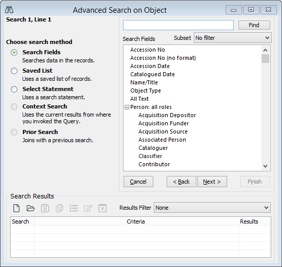 Advanced Search window with the Search Fields option selected