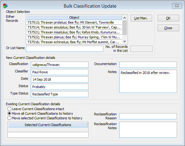 The Bulk Classification Update window showing the setup to update the classifications of some bee fly specimins, then move the orinigal classification to the Classification History table.&nbsp;