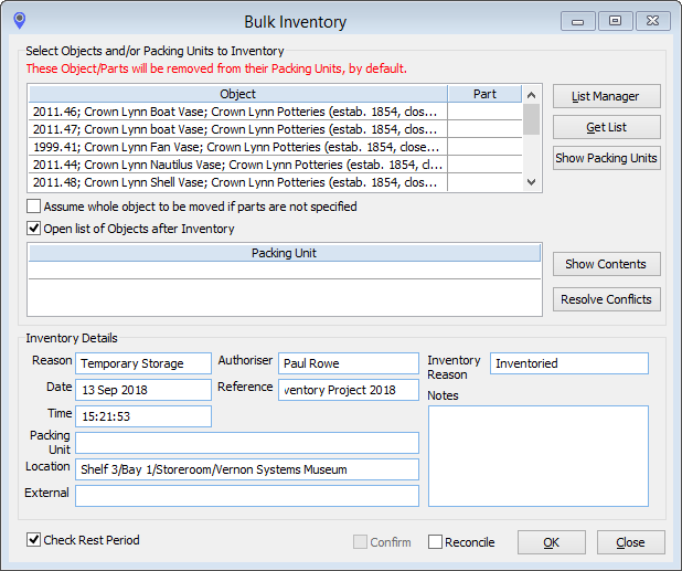 The Bulk Inventory window showing some objects being inventoried to a temporary storage location. The Bulk Inventory window showing some objects being inventoried to a temporary storage location.