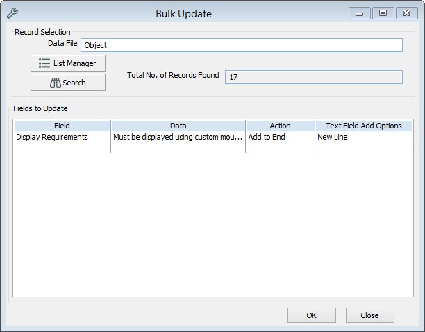 The Bulk Update window, showing an update to the Display Requirements field to 17 records. The Bulk Update window, showing an update to the Display Requirements field to 17 records.