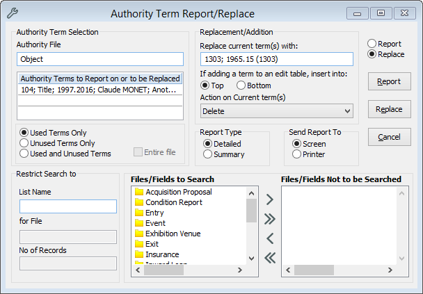 The Authority Term Report/Replace tool showing a report on an Object record that is going to be deleted. The Authority Term Report/Replace tool showing a report on an Object record that is going to be deleted.