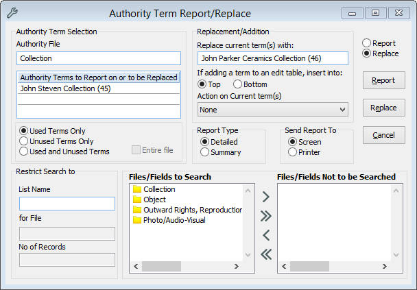 The Authority Term Report/Replace tool replacing all the fields that say John Steven Collection with John Parker Ceramics Collection, then delete the term John Steven Collection. The Authority Term Report/Replace tool replacing all the fields that say John Steven Collection with John Parker Ceramics Collection, then delete the term John Steven Collection.