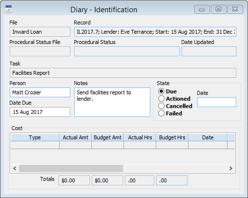 The Diary Window showing a task due for sending a facilities report to a lender. The Diary Window showing a task due for sending a facilities report to a lender.