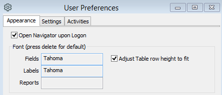 The User Preferences showing a font has been chosen for Fields and Labels. The User Preferences showing a font has been chosen for Fields and Labels.
