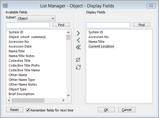 List Manager Display Fields window. List Manager Display Fields window.