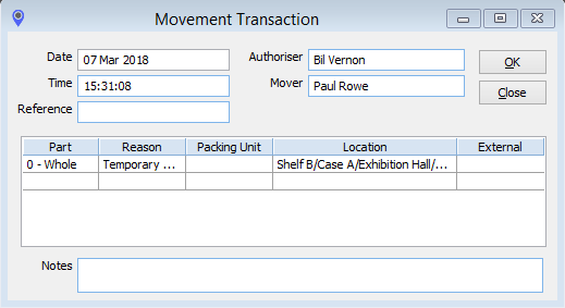 The Movement Transaction window, showing details of an object being moved to a case in an exhibition hall temporarily.&nbsp;