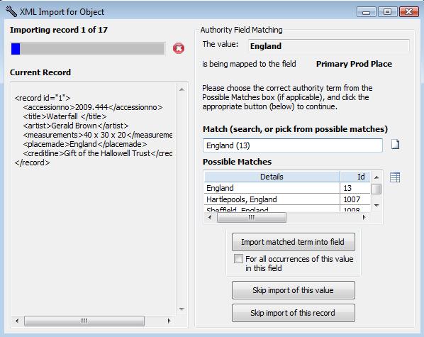 XML Import window with matches XML Import window with matches