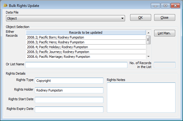 Bulk Rights Update window Bulk Rights Update window
