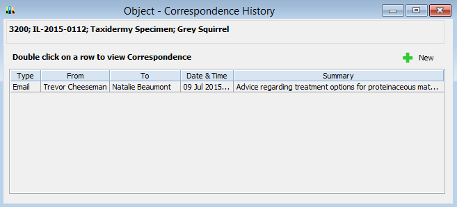 Object Correspondence History window Object Correspondence History window