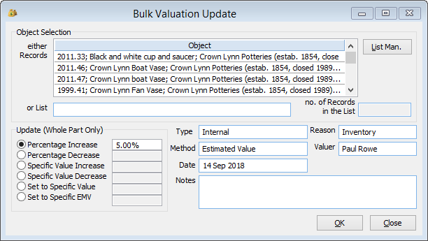 The Bulk Valuation window increasing the value of some objects by 5%. The Bulk Valuation window increasing the value of some objects by 5%.