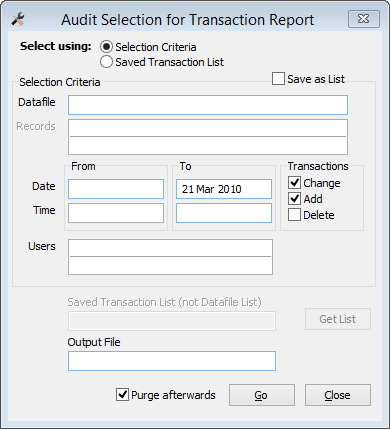 The Audit window for to 21/03/2010.