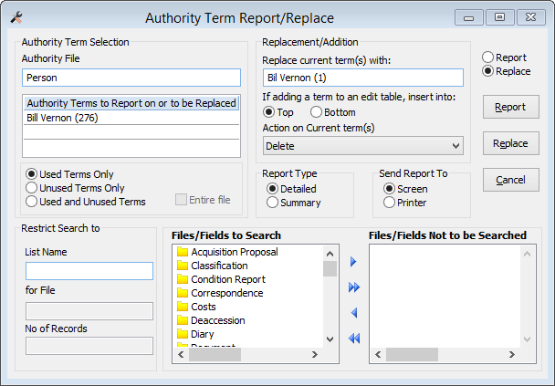 The Authority Term Report/Replace showing the setup to replace Bill Vernon with Bil Vernon, then delete the incorrect term Bill.