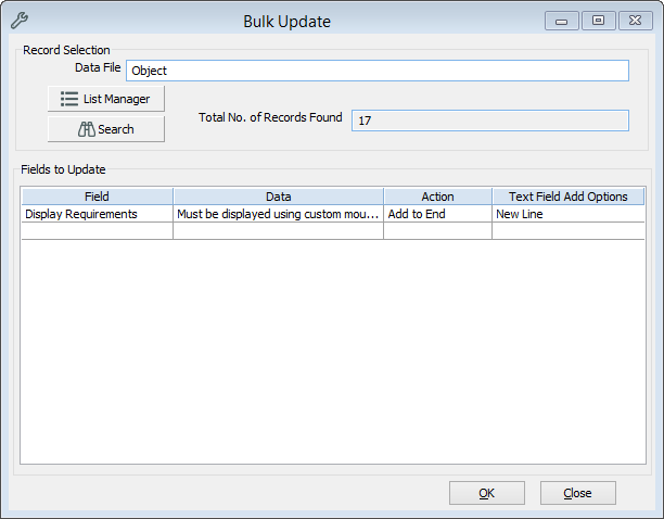 The Bulk Update window, showing an update to the Display Requirements field to 17 records. 