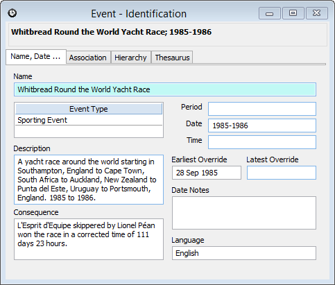 The Event Identification window showing a sporting event.