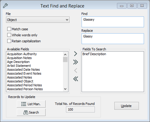 The Text Update window showing a Find and Replace on Glassey to Glassy in the Brief Description field on a List of Objects.