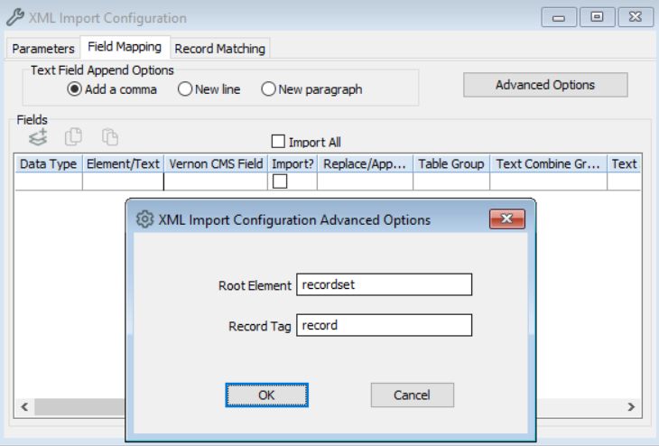 New Advanced options and xml import configuration window layout