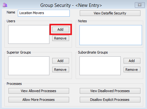 The Group window with Add button for adding Users to a Group.