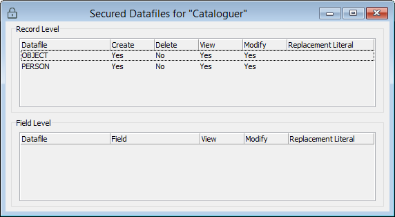 View only window of the Datafile Security for a Group.