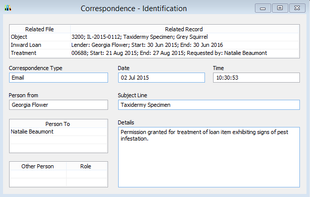 Correspondence Idenitifcation window