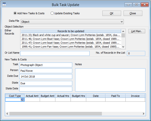 A photography task being added in bulk to some Object records.