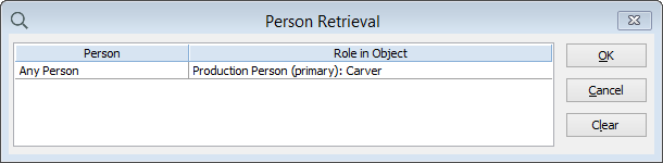 The Person Search window, showing a search for objects with any person recorded as the Carver.