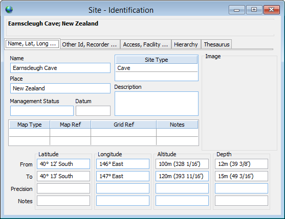 The Site window showing a cave site in New Zealand. It has the Latitude, Longitude, Altitude, and Depth recorded. 