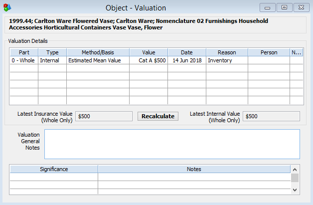 A row in the valuation table using a valuation category.