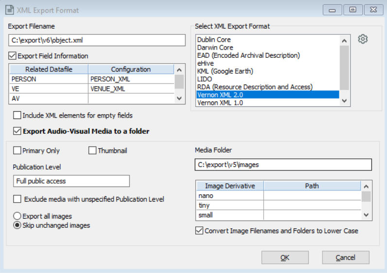 The XML Export window showing an example export for Vernon Browser.