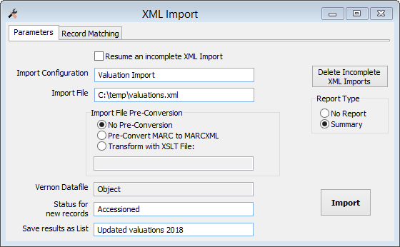 The XML Import window, on the Parameters tab.