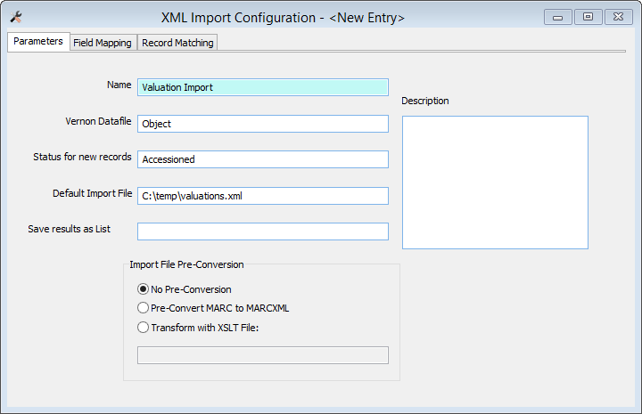 The XML Import Configuration window, on the Parameters tab. 