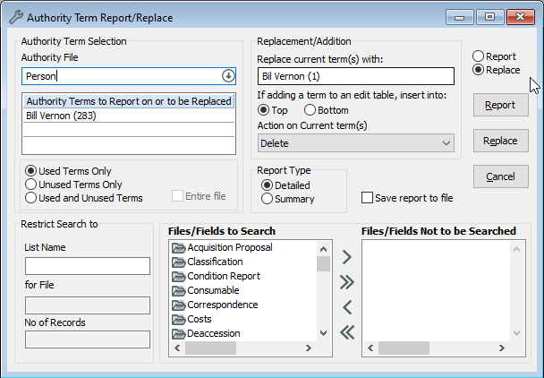 The Authority Term Report/Replace showing the setup to replace Bill Vernon with Bil Vernon, then delete the incorrect term Bill.