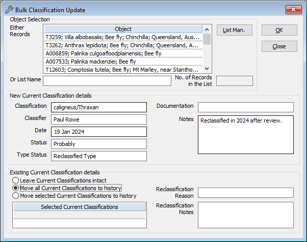 The Bulk Classification Update window showing the setup to update the classifications of some bee fly specimens, then move the original classification to the Classification History table. 