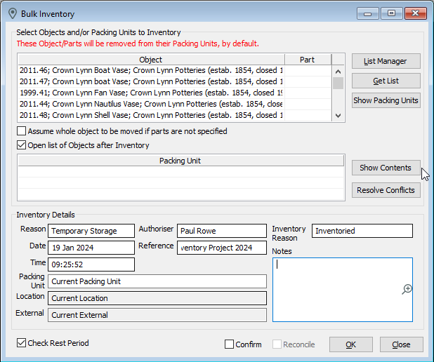 The Bulk Inventory window showing some objects being inventoried to a temporary storage location.