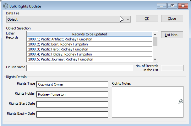 Bulk Rights Update window