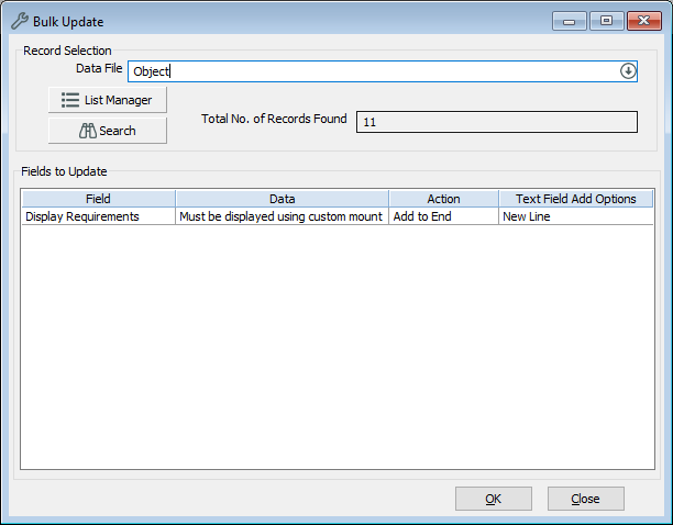 The Bulk Update window, showing an update to the Display Requirements field to 17 records. 