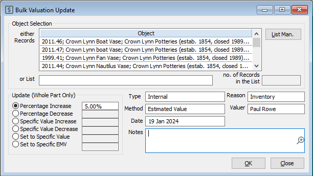 The Bulk Valuation window increasing the value of some objects by 5%.