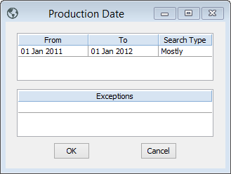 The Date Search window, showing a search for production dates between 1 Jan 2011 to 1 Jan 2012.