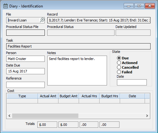 The Diary Window showing a task due for sending a facilities report to a lender.