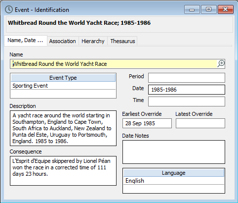 The Event Identification window showing a sporting event.