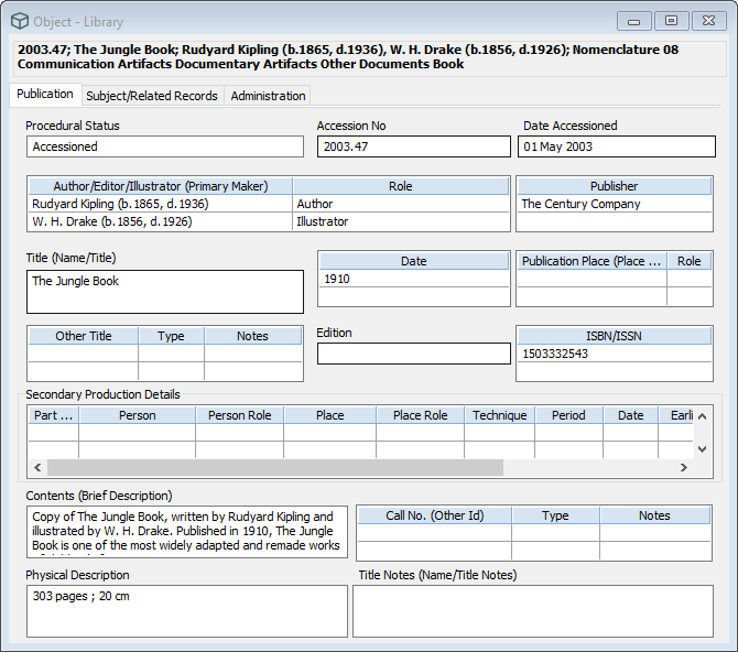 The Object > Library window with details for the book The Jungle Book filled in.