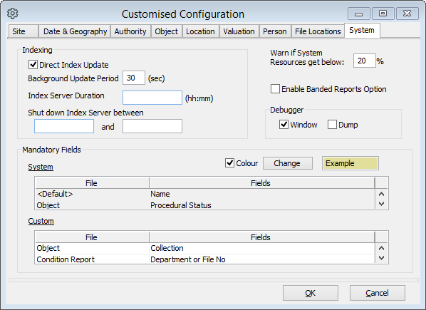 The Customised Configuration window, with some mandatory fields set up. In this example, the Collection field in the Object datafile is mandatory, and either Department or File No is mandatory in the Condition Report datafile.