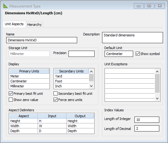 The Measurement Type window showing the setup for a Dimensions type.