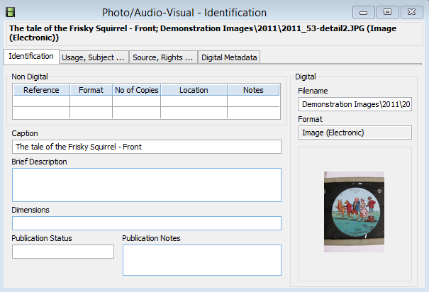 The Photo/Audio Visual Identification window showing an image with a caption.