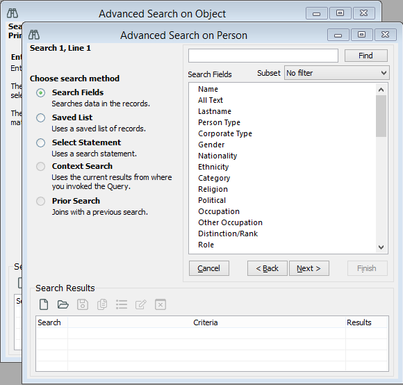 Branching to Advanced Search on Person from the Advanced Search on Object window.
