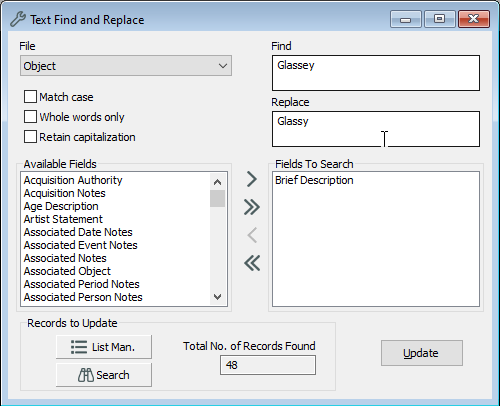 The Text Update window showing a Find and Replace on Glassey to Glassy in the Brief Description field on a List of Objects.