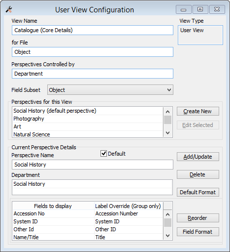 User View window showing a User View with a perspective on the department field, with different perspectives set up for different departments.