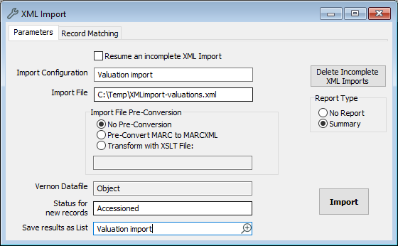 The XML Import window, on the Parameters tab.