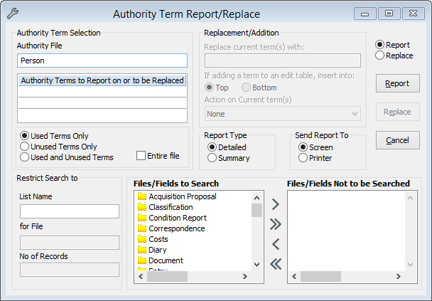 Authority Term Report/Replace Window.