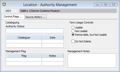 The Authority Management window for a Location term. The Location term has been set to Retrievable but Not Usable.